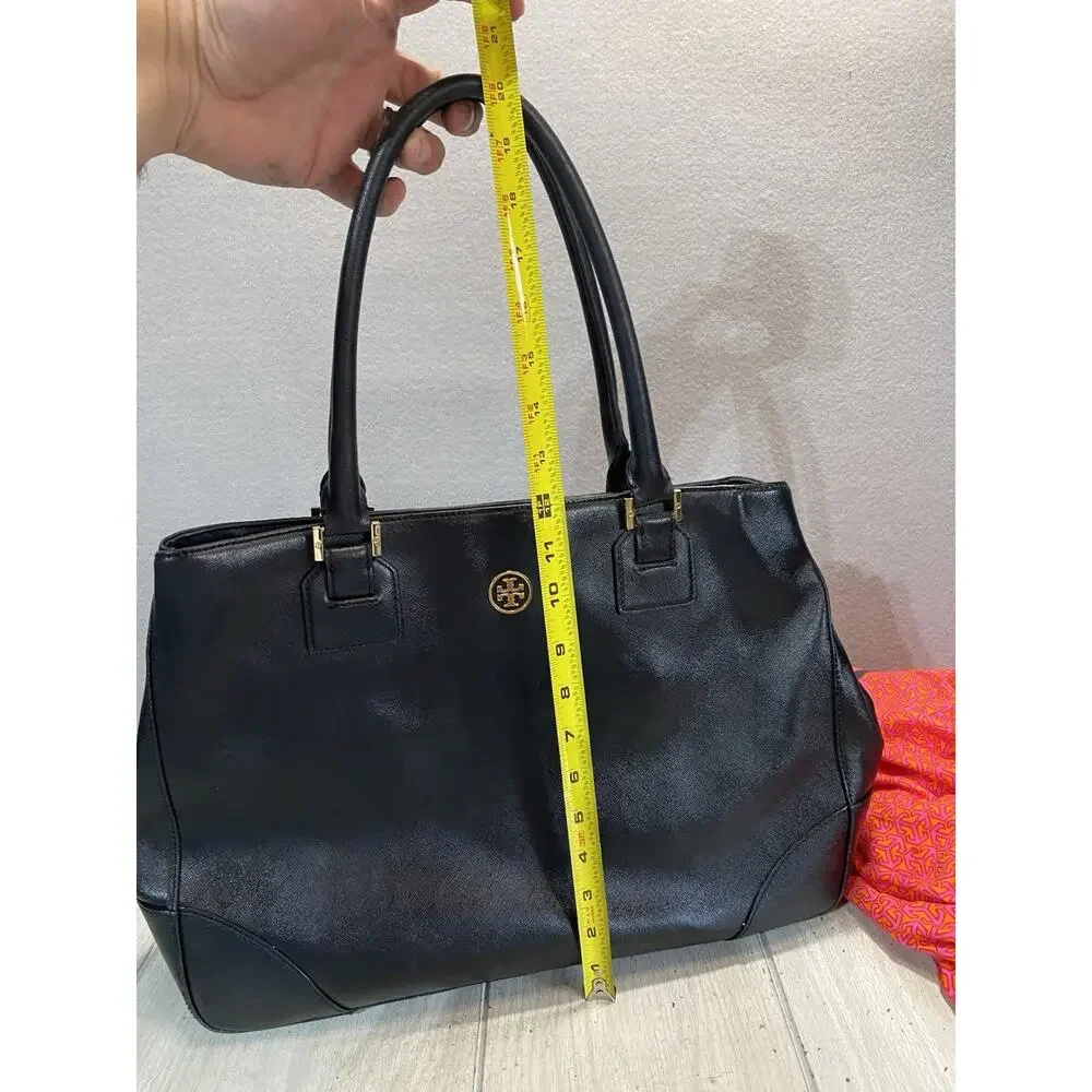 Tory Burch Robinson East West Zip Tote Black Saffiano Leather Gold Trim
